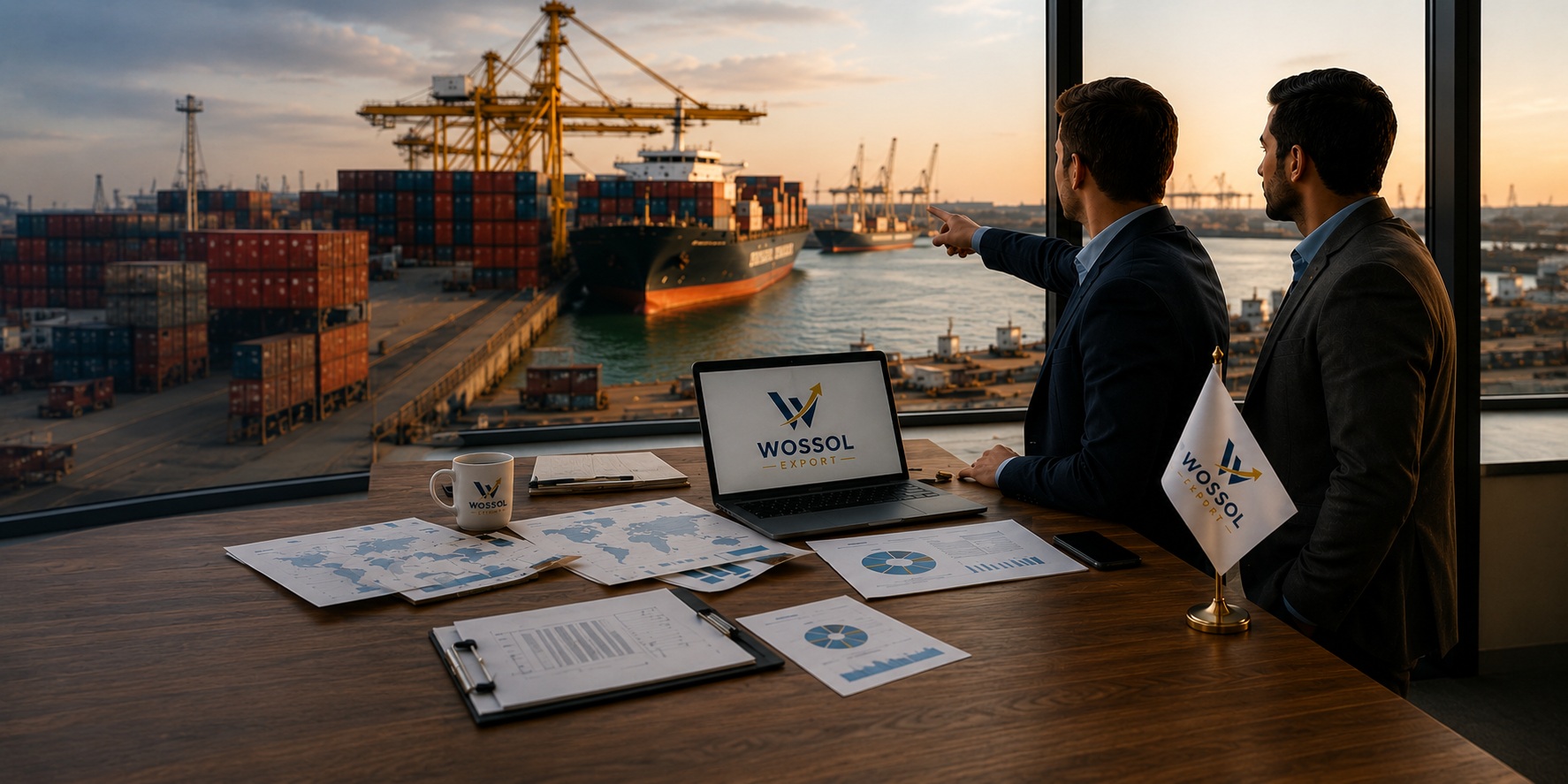 Corporate international trade meeting with a world trade map